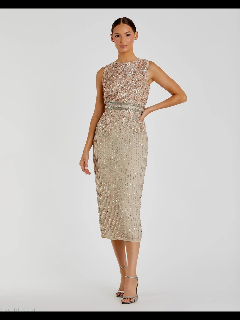 Mac Duggal Rose Gold & Champagne Beaded Midi Dress
